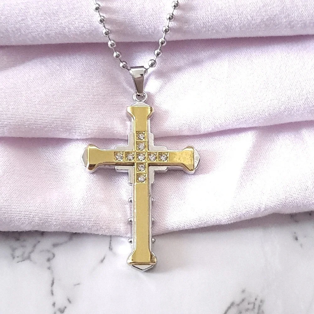 New Boutique Cross‎ Pendant Necklace Unisex Gold Silver Two Tone Crystal Inlay